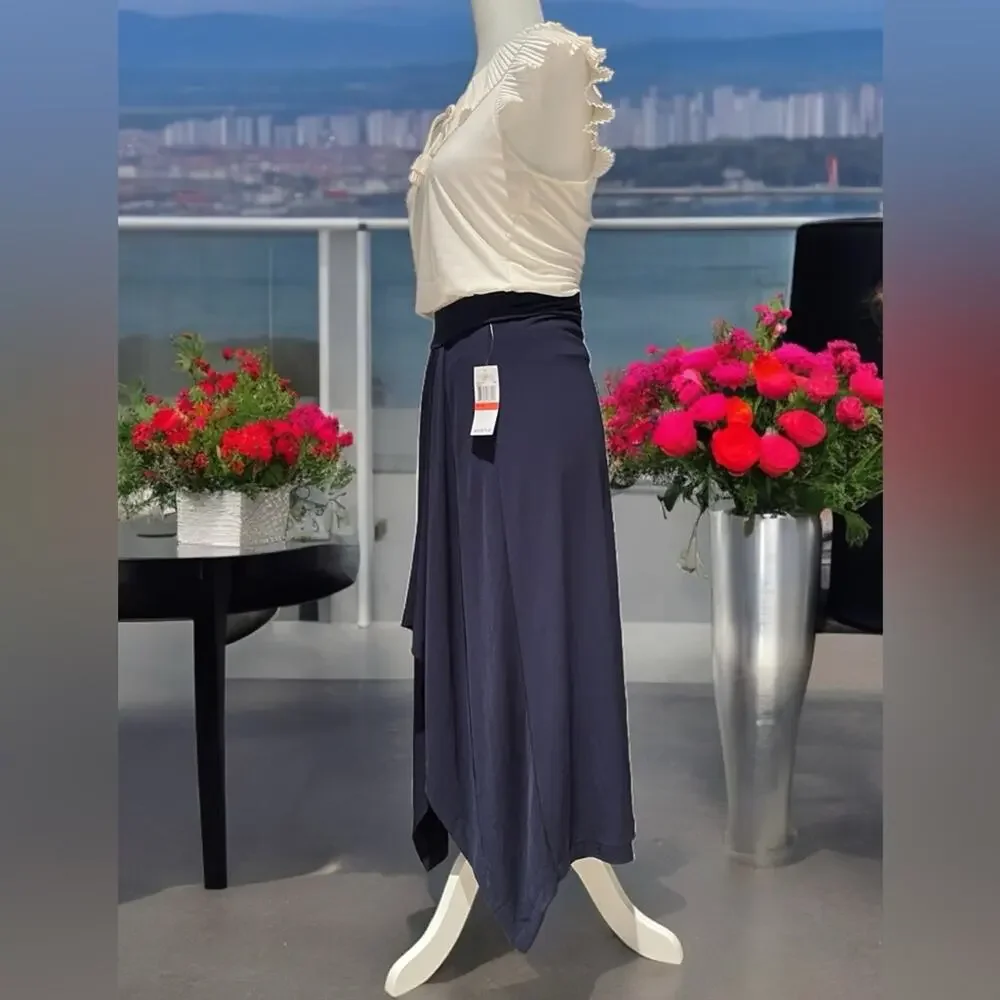 NEW Michael Kors Hi Low Asymmetrical Gathered Waterfall Jersey Skirt Navy XS NWT - Picture 5 of 16
